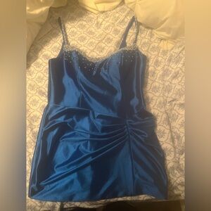 Sleek Blue Satin Beaded Homecoming Dress